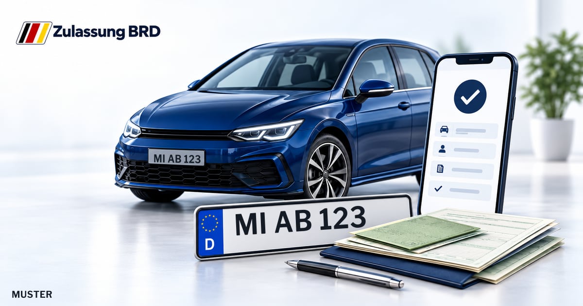 Online Fahrzeugzulassung in Landkreis Minden-Lübbecke: Musterkennzeichen MI AB 123, Auto und Fahrzeugpapiere und Smartphone. Illustration mit Logo von Zulassung BRD.